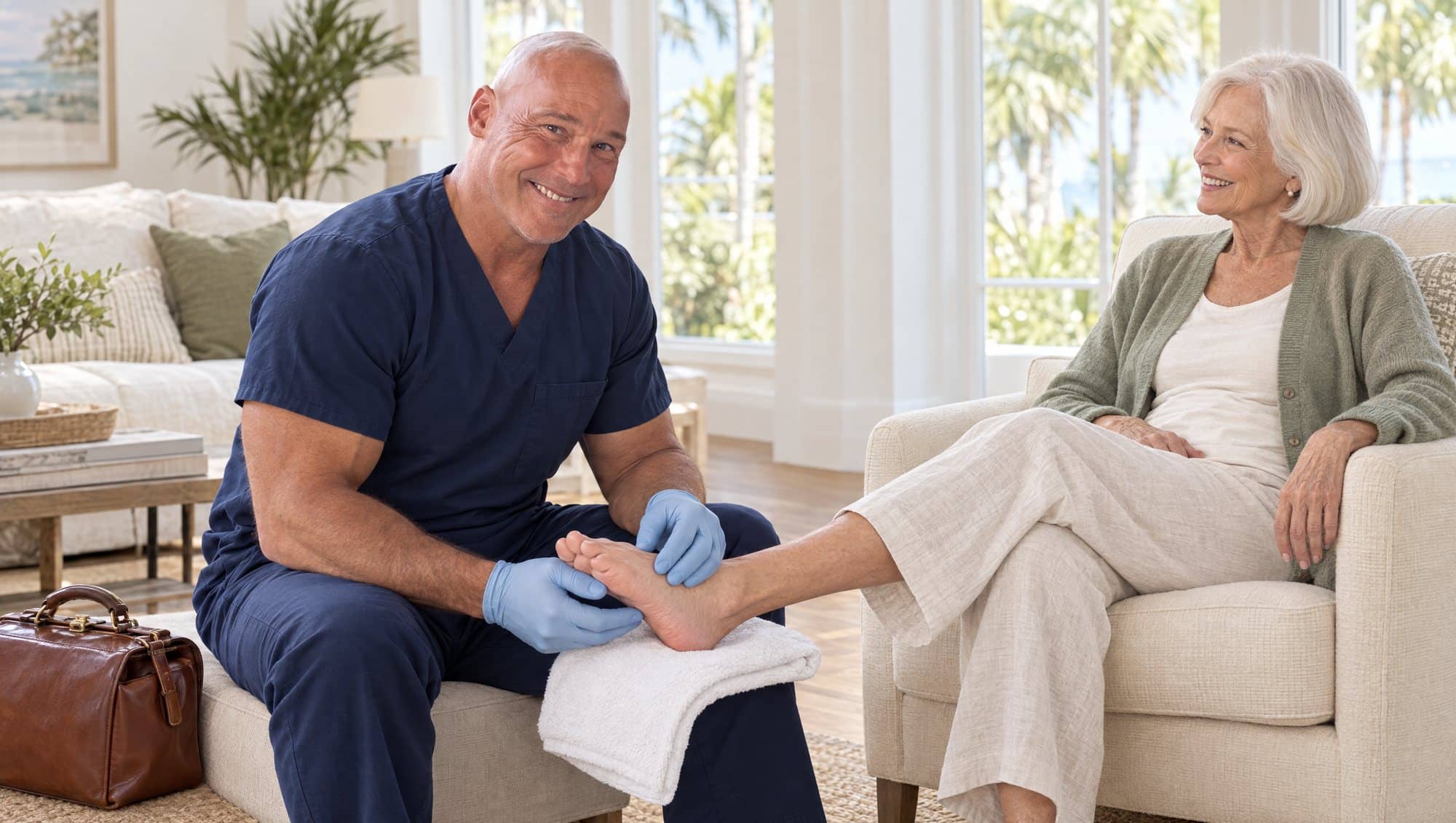 Dr. Robert Losier in navy scrubs and blue gloves gently checking the ball of a smiling older woman's foot, resting on a white towel in a bright Naples living room