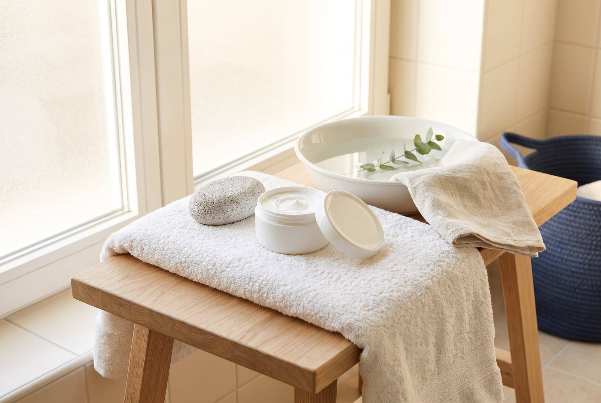 A grey pumice stone, an open jar of thick white moisturizer and a folded towel on a white towel draped over an oak bench, with a basin of warm water by a bright window