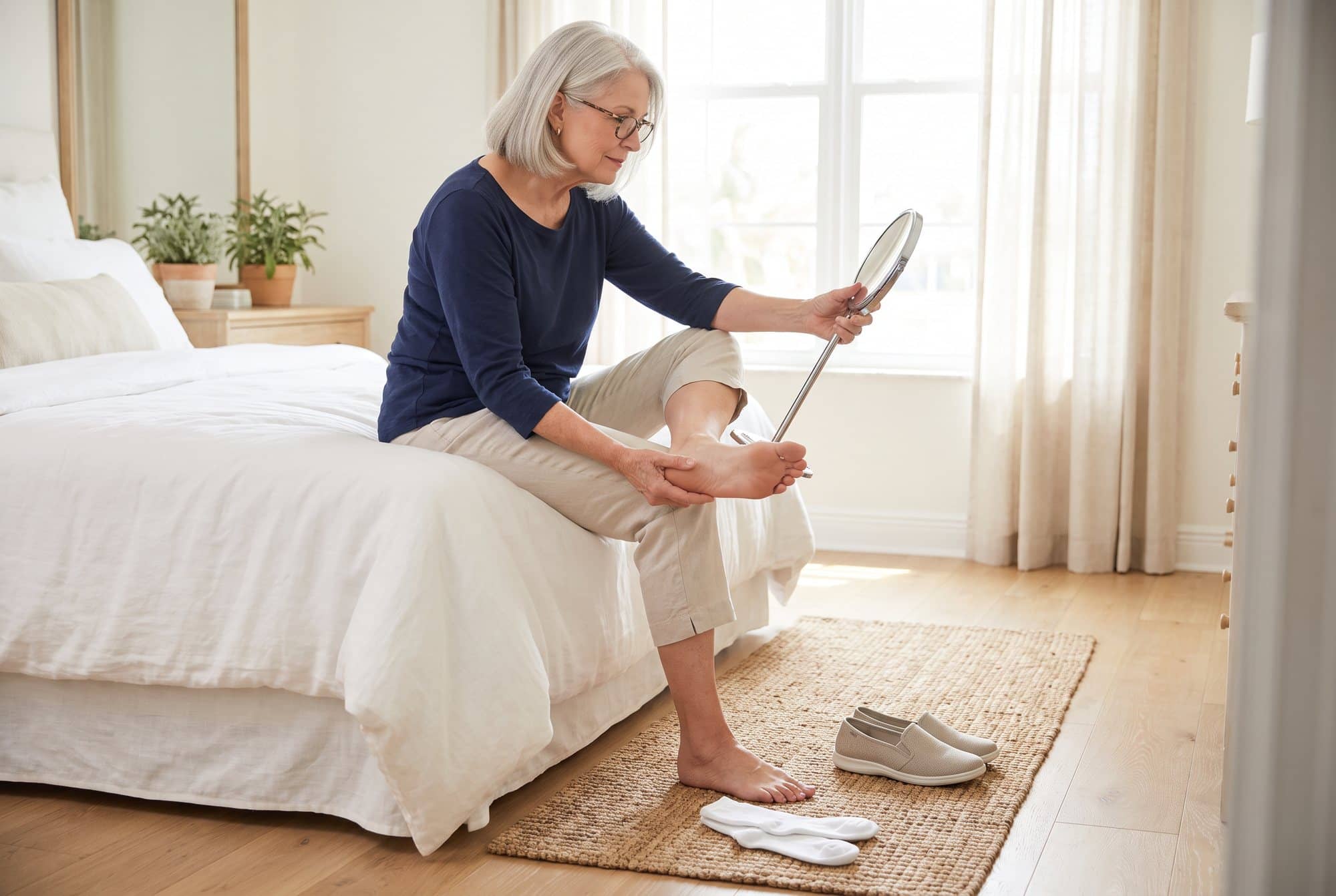 Older woman sitting on the edge of her bed using a long-handled mirror to check the sole of her foot