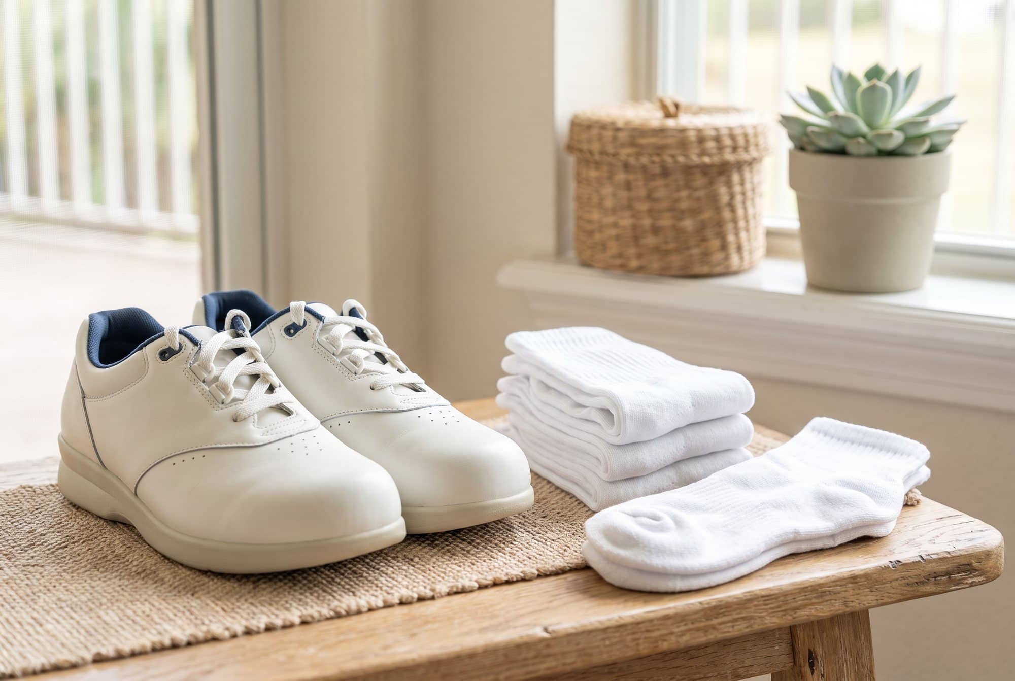 Pair of white supportive walking shoes beside a neat stack of clean white cushioned socks on a wooden bench
