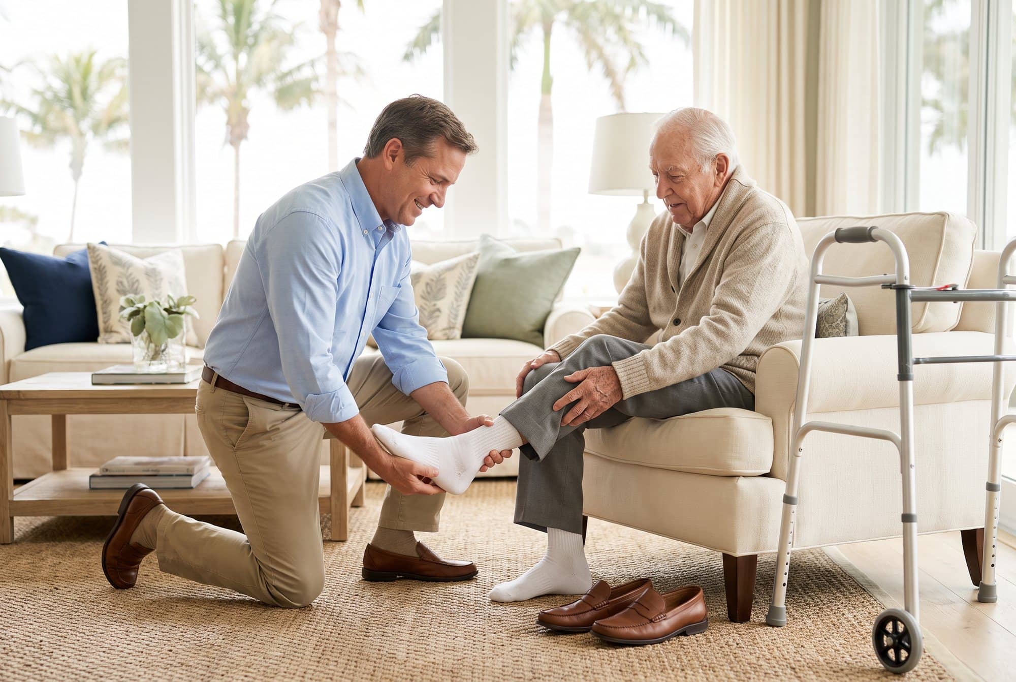 Adult son kneeling to help his elderly father put on a clean white sock in a bright living room, with a walker beside the armchair