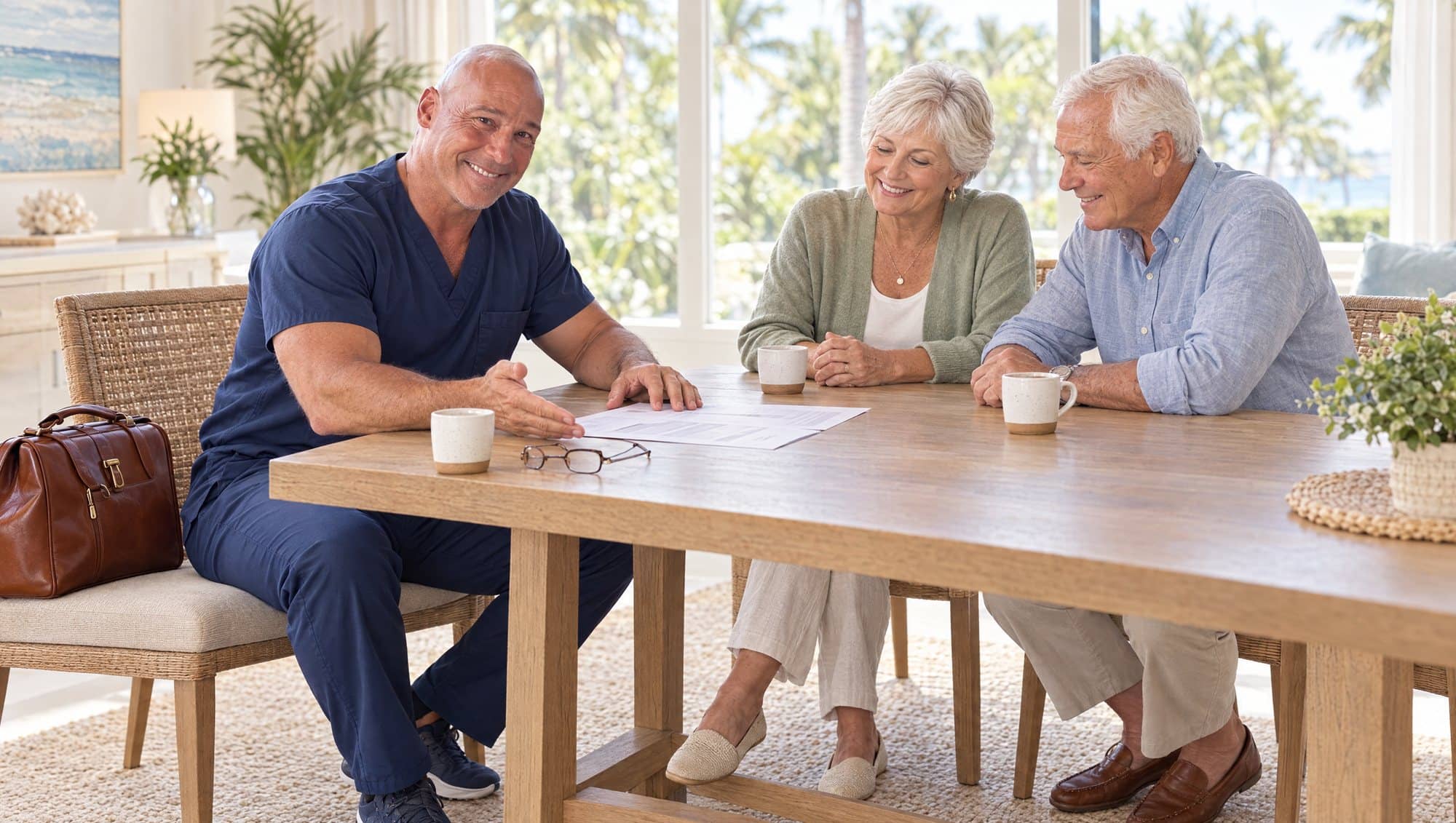 Dr. Robert Losier in navy scrubs at a sunlit dining table, kindly walking an older couple through their paperwork