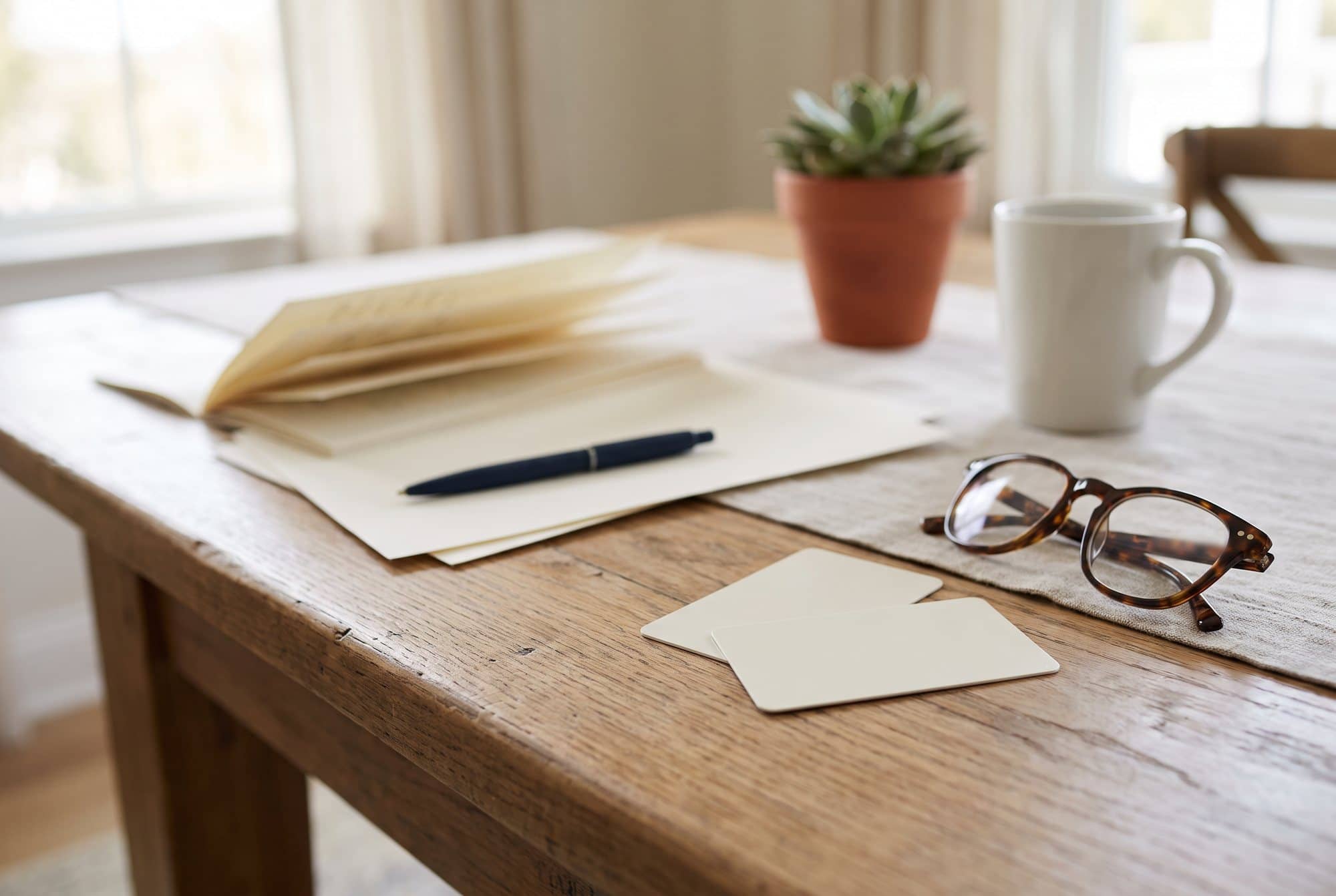 Two blank plastic cards, tortoiseshell reading glasses, a navy pen and a few sheets of paper on a sunlit wooden dining table