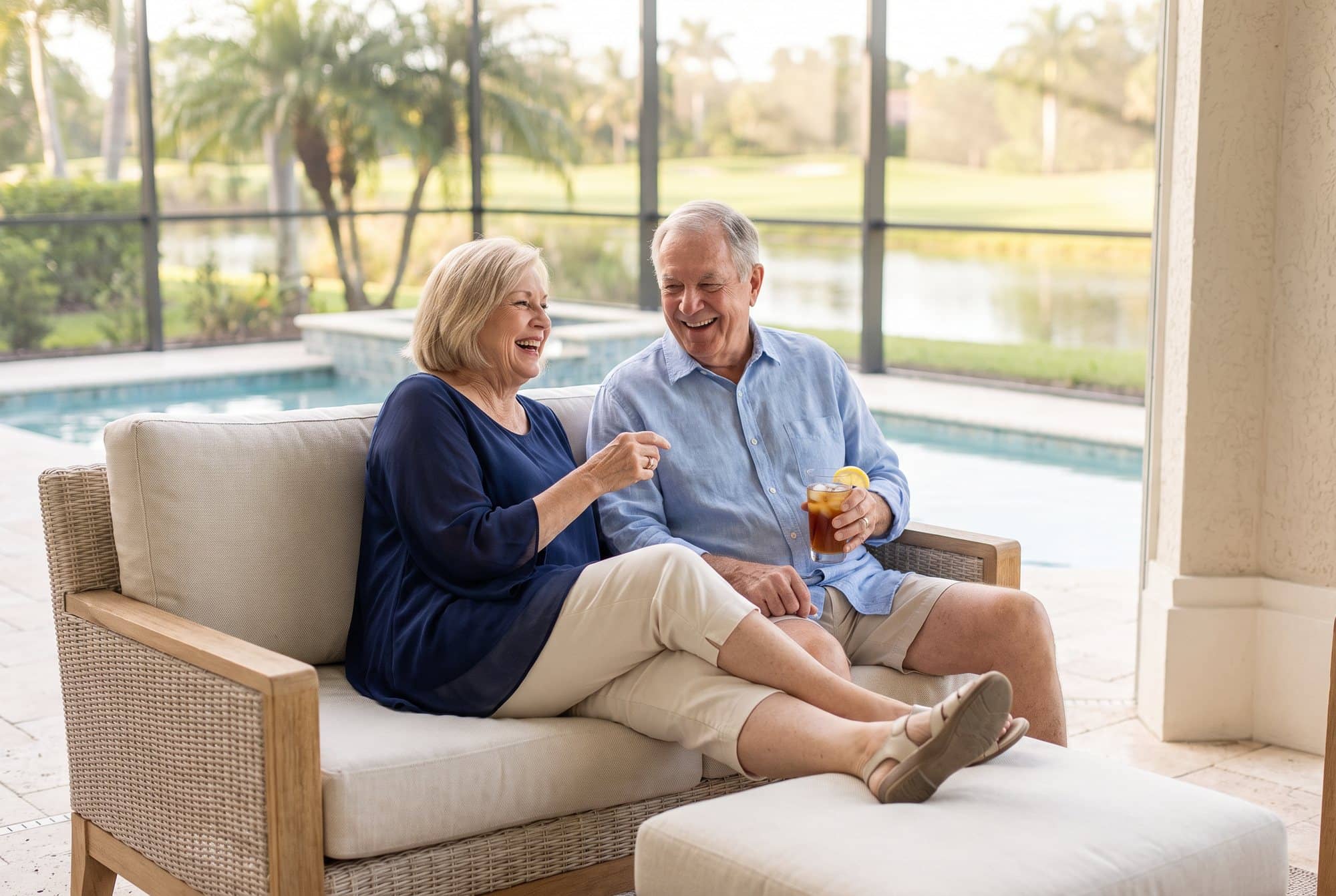 An older couple laughing together on a cushioned sofa on a screened Naples lanai, with a pool and golf-course pond behind them