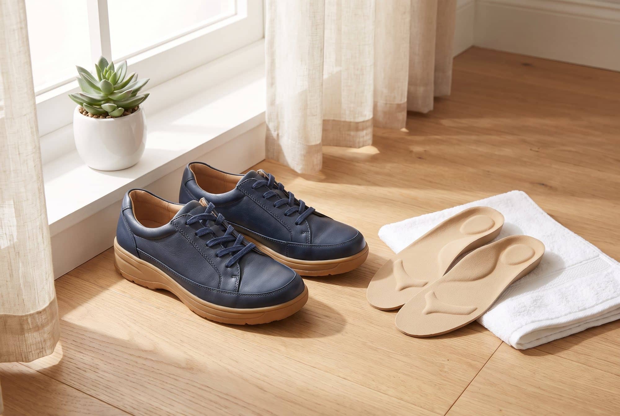 A pair of supportive navy extra-depth walking shoes beside a pair of contoured removable insoles on a folded towel near a sunny window