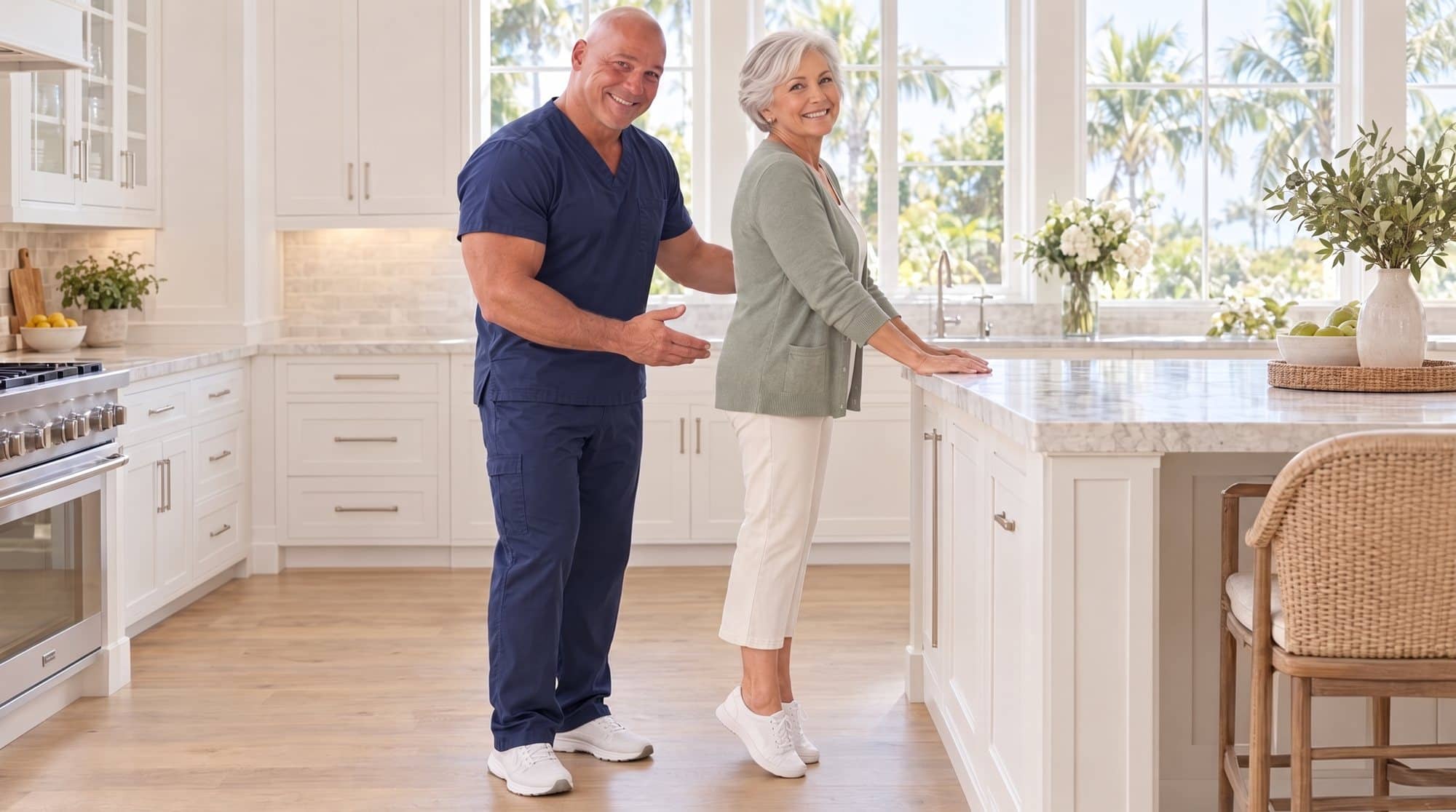 Dr. Robert Losier in navy scrubs stands beside a smiling older woman as she does a heel raise at her kitchen counter in a bright Naples home