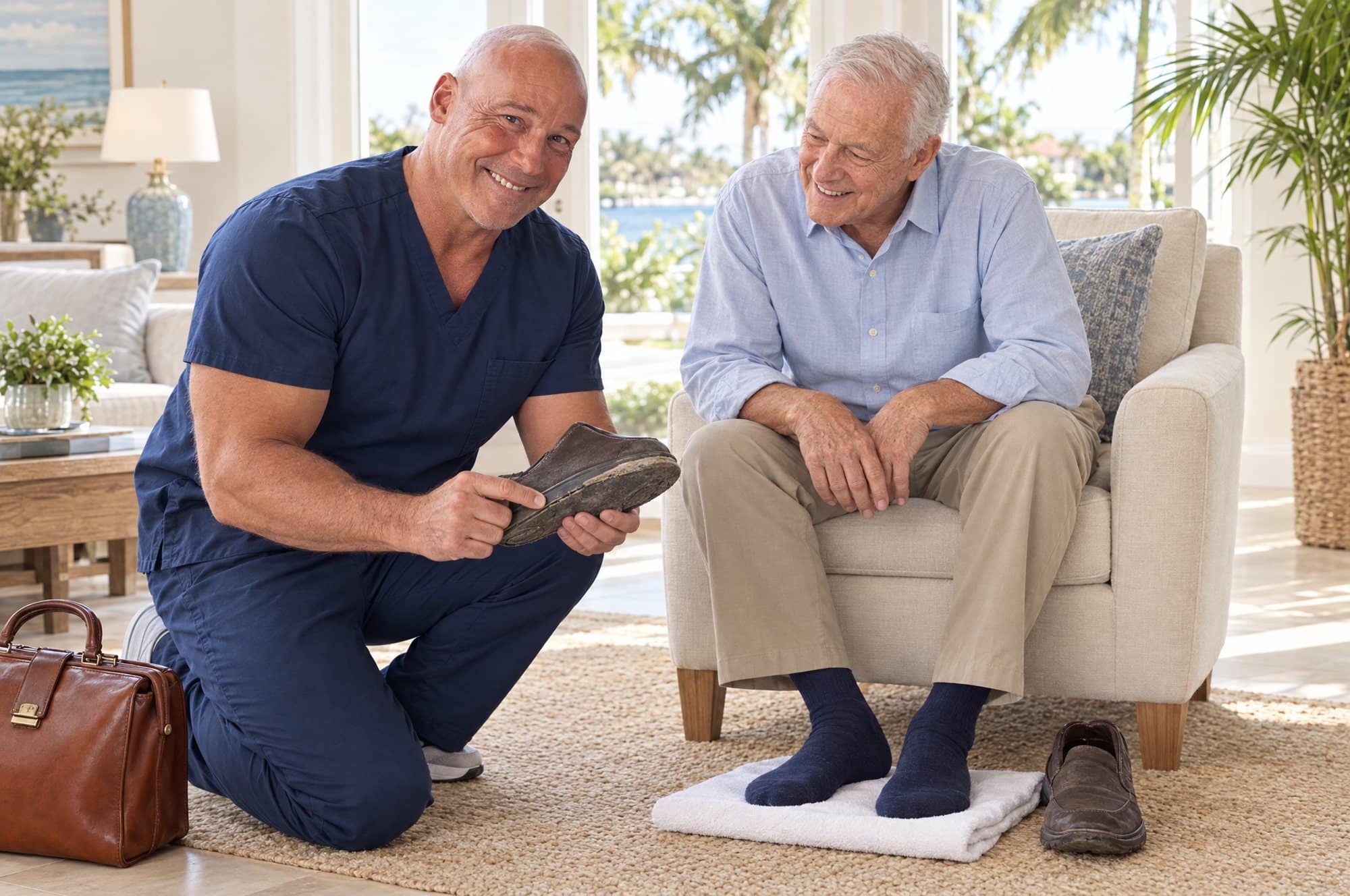 Dr. Robert Losier kneels beside an older man in an armchair and shows him the worn sole of his walking shoe
