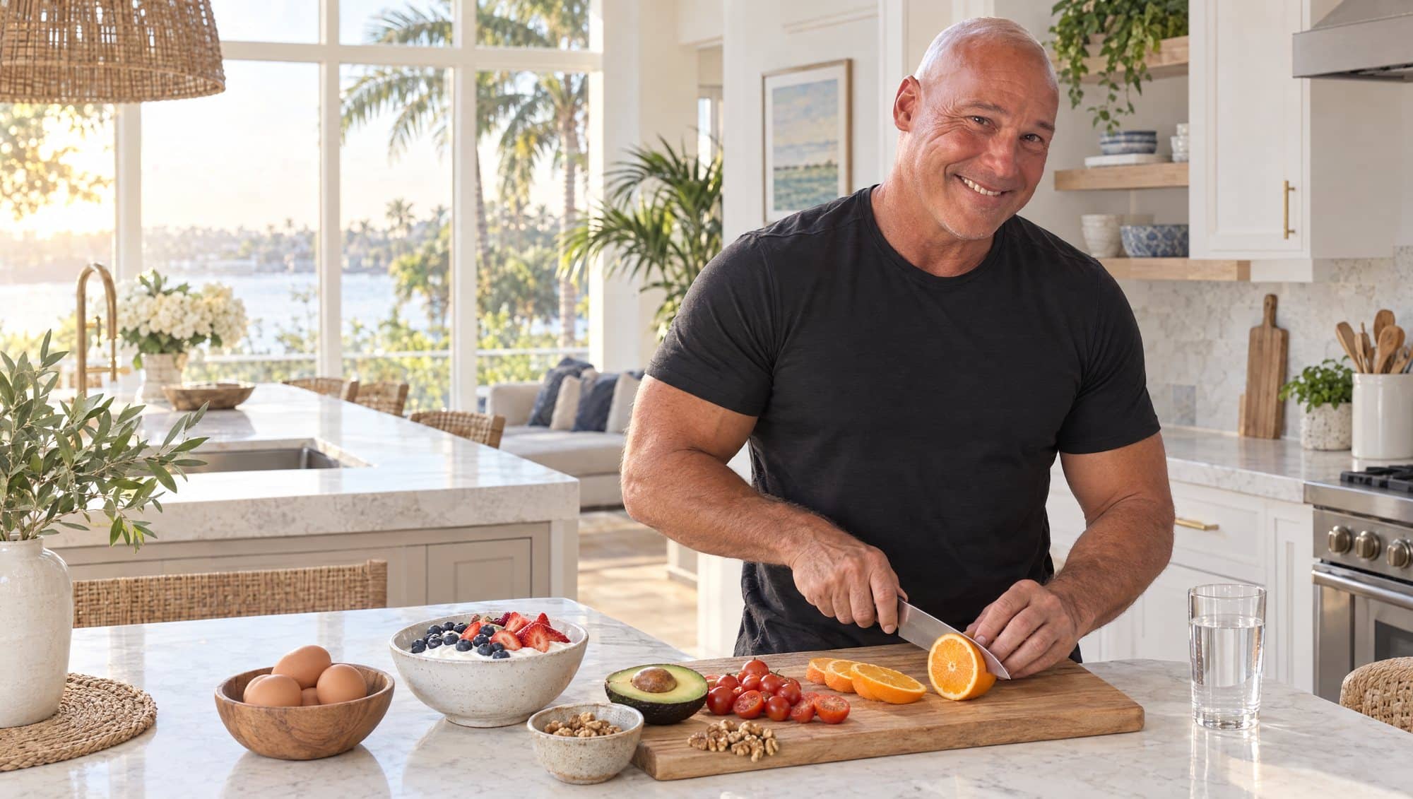 Dr. Robert Losier in a black athletic tee slicing an orange beside yogurt with berries, eggs, avocado and tomatoes in a bright Naples kitchen