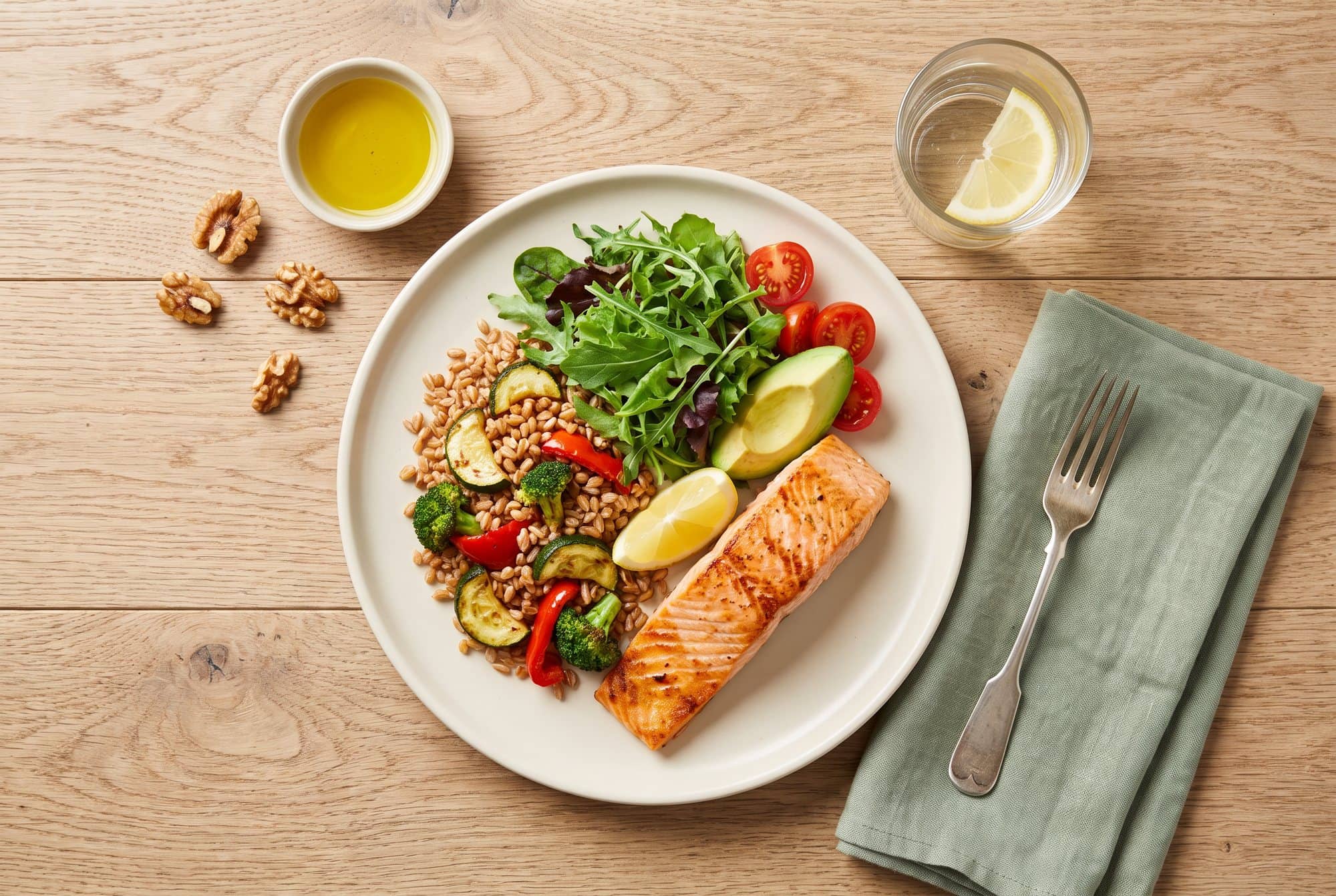Overhead view of a plate with grilled salmon, farro with roasted vegetables, leafy greens, avocado, cherry tomatoes and lemon, beside olive oil, walnuts and a glass of water