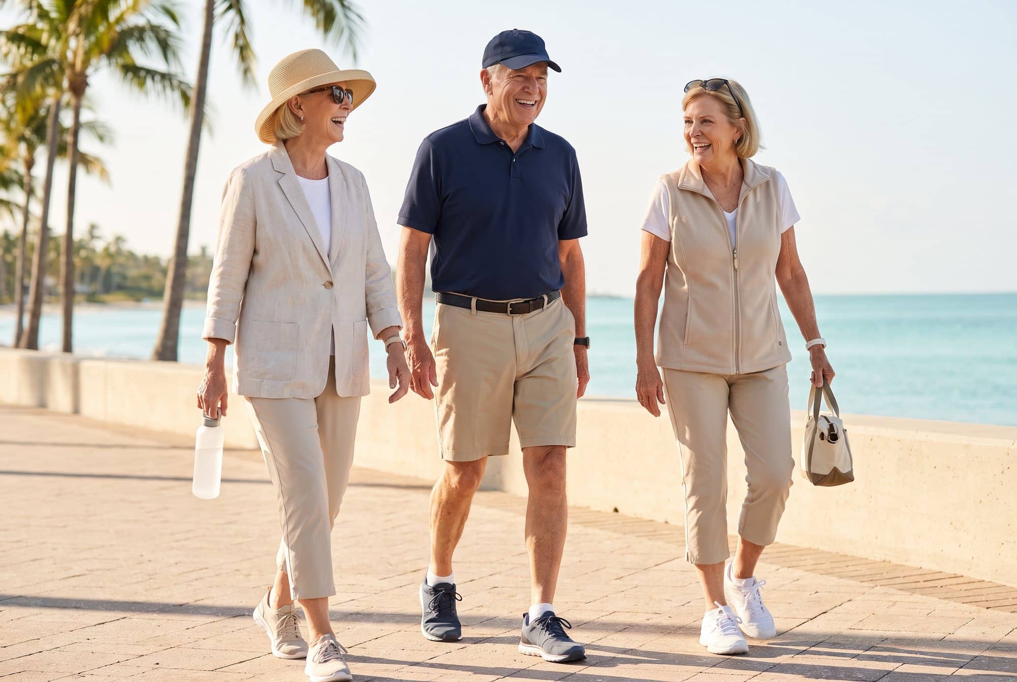 Three friends in their sixties and seventies laughing as they walk together along a palm-lined Naples waterfront in sun hats and walking shoes