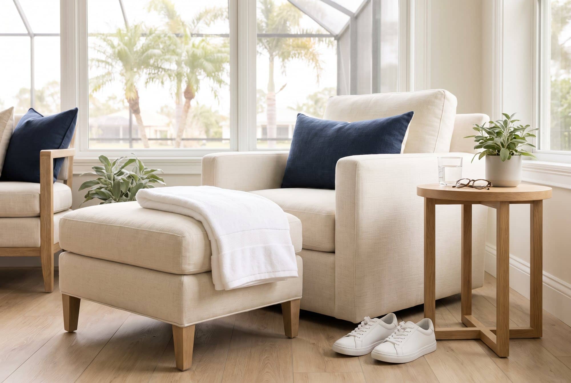 A cream armchair and matching ottoman beside a sunny window, with a folded towel, a glass of water, reading glasses and a pair of white walking shoes nearby