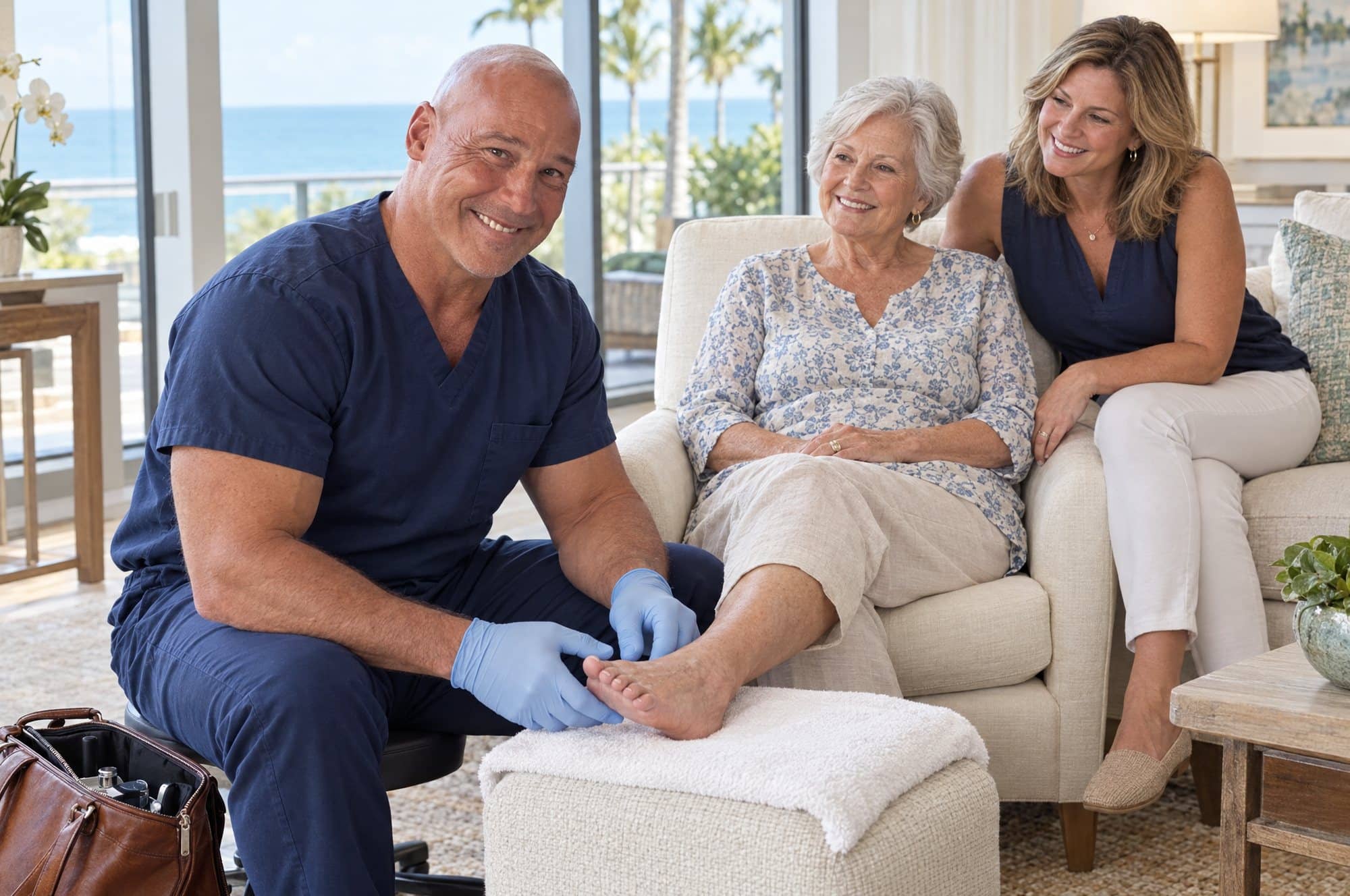 Dr. Robert Losier in navy scrubs and blue gloves examining an older woman's foot on a towel-covered ottoman in her bright condo, as her adult daughter leans in and smiles