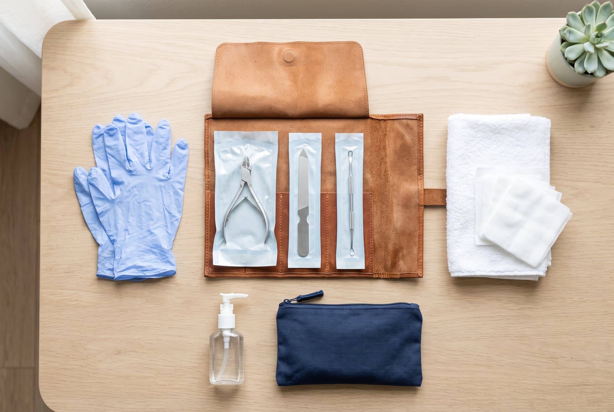 Flat lay of a leather instrument roll holding nail instruments in sealed sterilization pouches, with blue nitrile gloves, gauze, a folded towel and hand sanitizer on an oak table