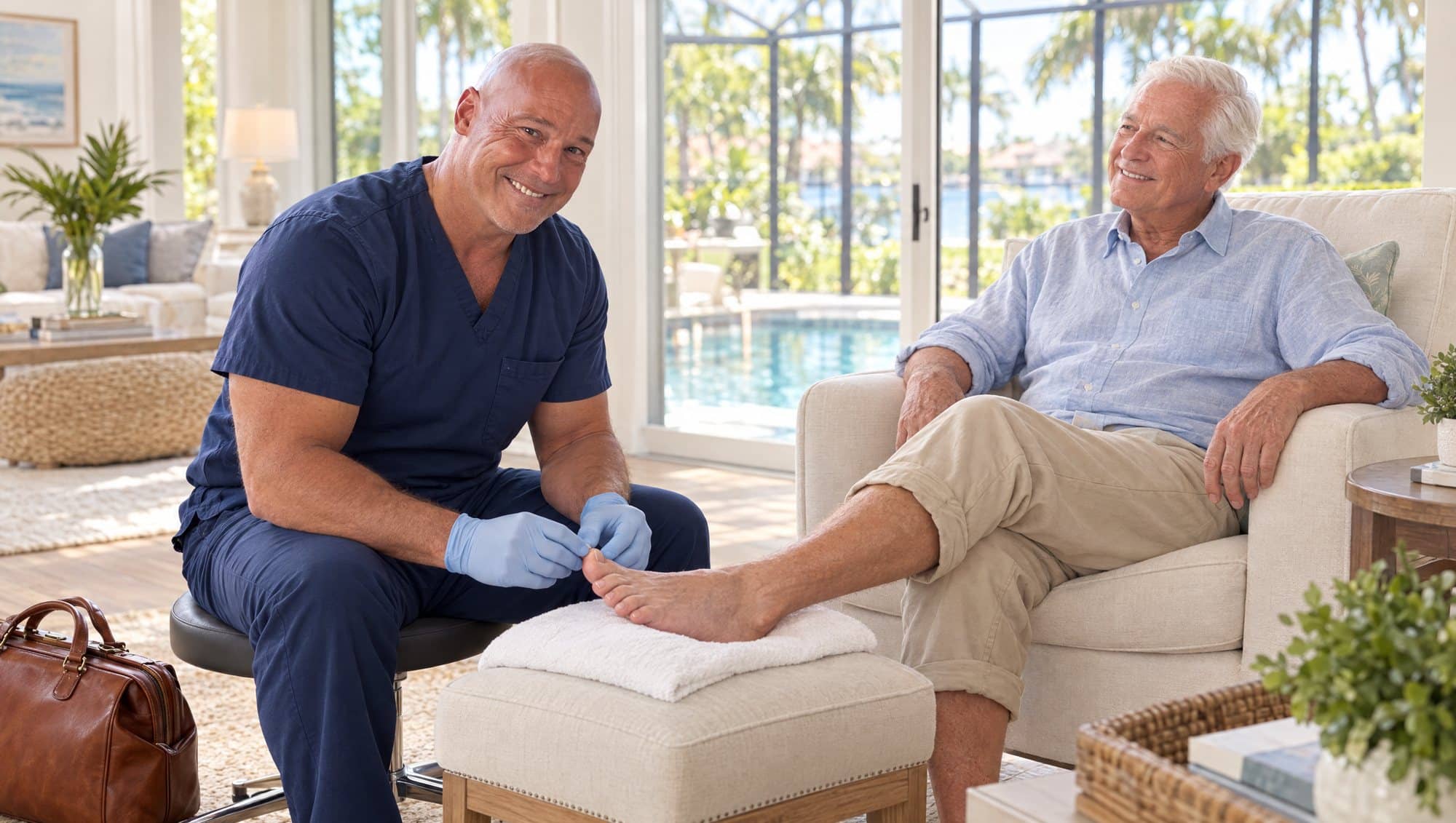 Dr. Robert Losier in navy scrubs and blue gloves examining the big toe of a smiling older man, whose foot rests on a towel-covered footstool in a sunlit Naples home