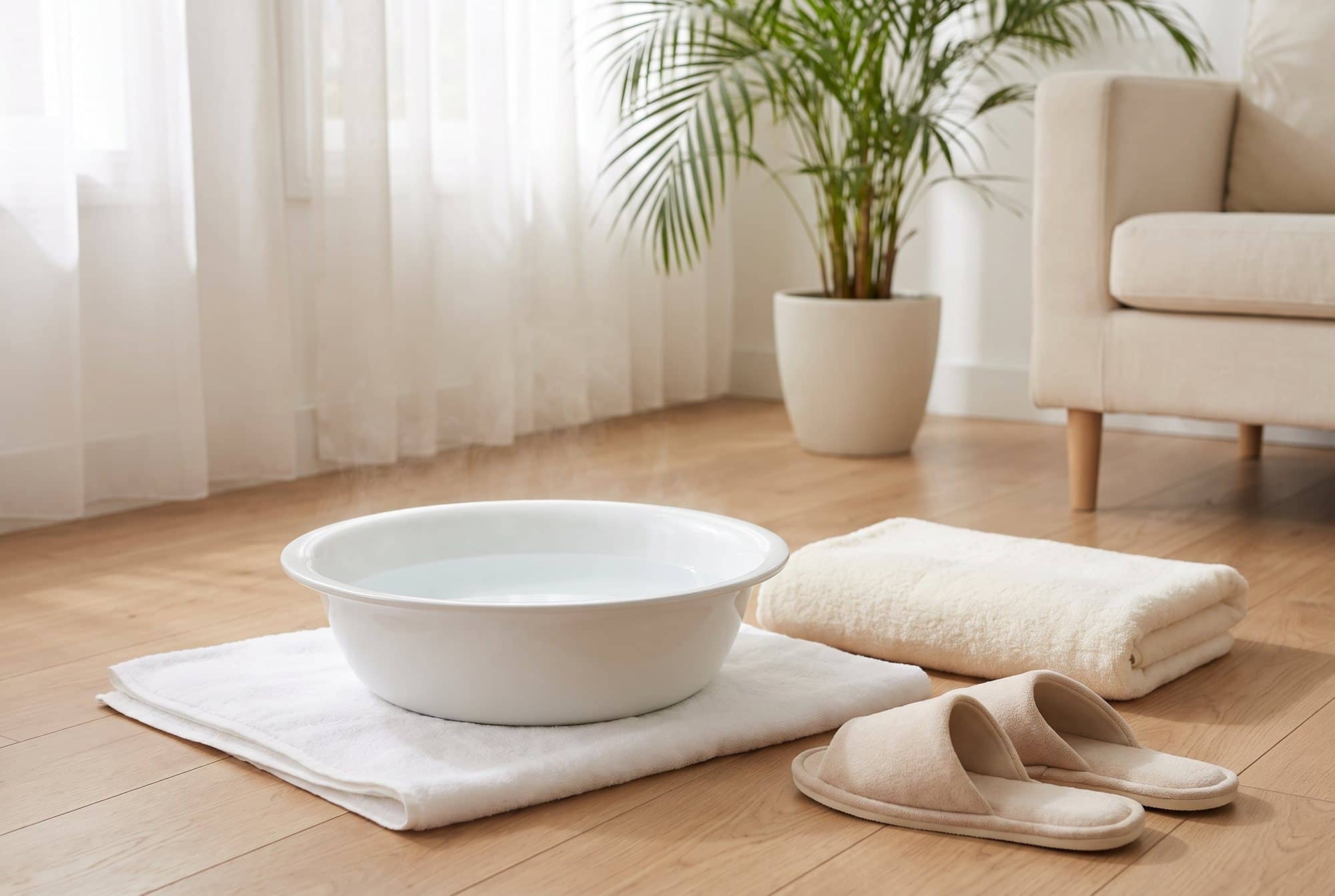 A wide white basin of warm water on a folded white towel on an oak floor, with a second towel and soft slippers nearby