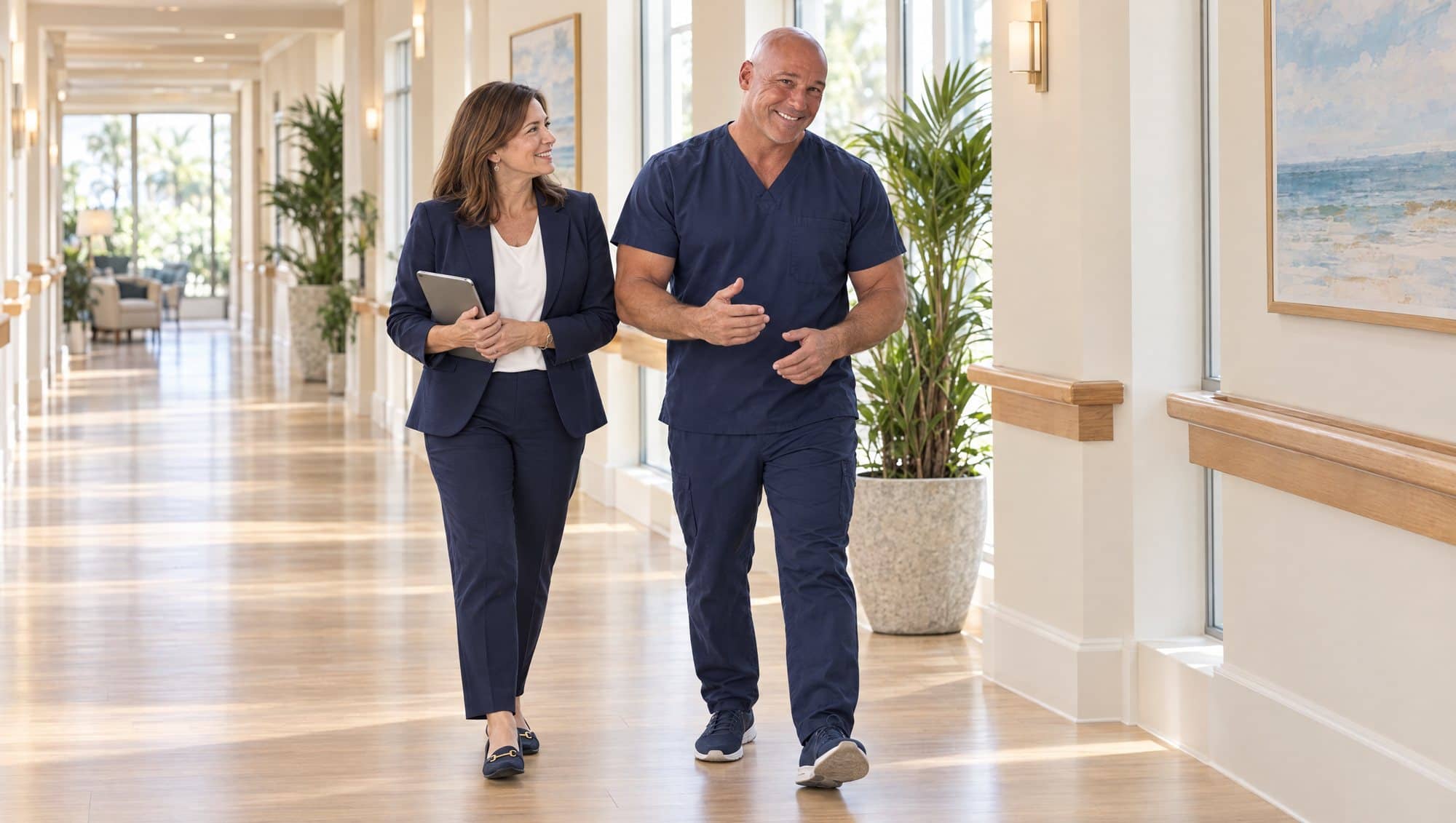 Dr. Robert Losier in navy scrubs talking with a director of nursing holding a tablet as they walk a bright senior-living corridor
