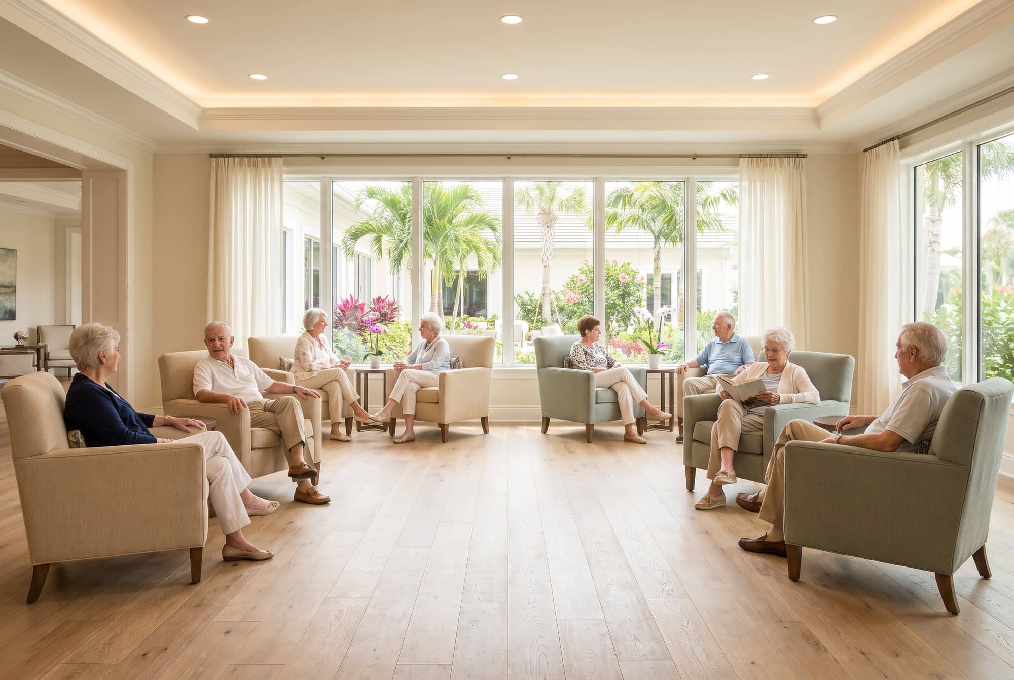 A bright assisted-living lounge with residents chatting in sturdy armchairs beside large windows that look onto a courtyard garden with palms