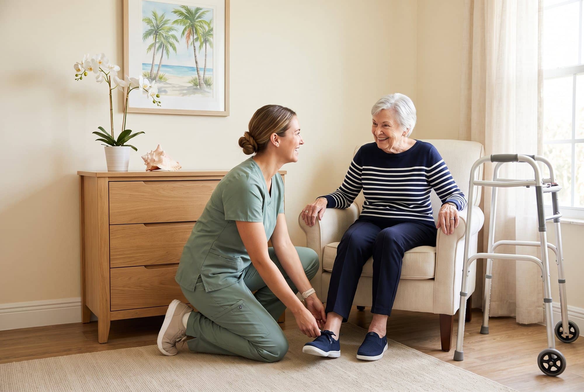 A nurse in sage scrubs kneels to help a smiling elderly resident into supportive navy walking shoes in her bright assisted-living room, with a walker nearby