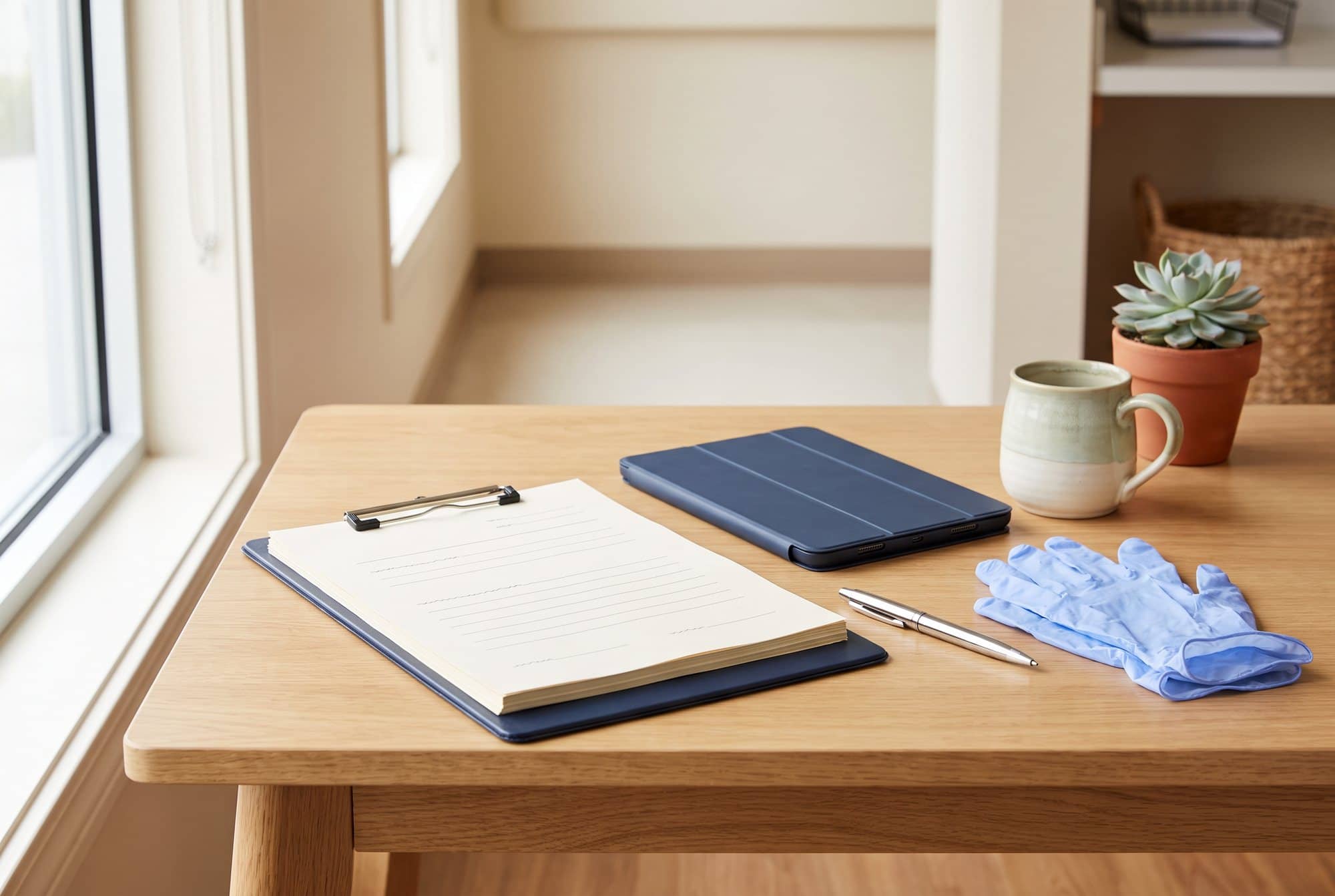 A navy clipboard of blank forms beside a tablet, a pen and folded blue exam gloves on a light oak desk at a quiet nurses’ station