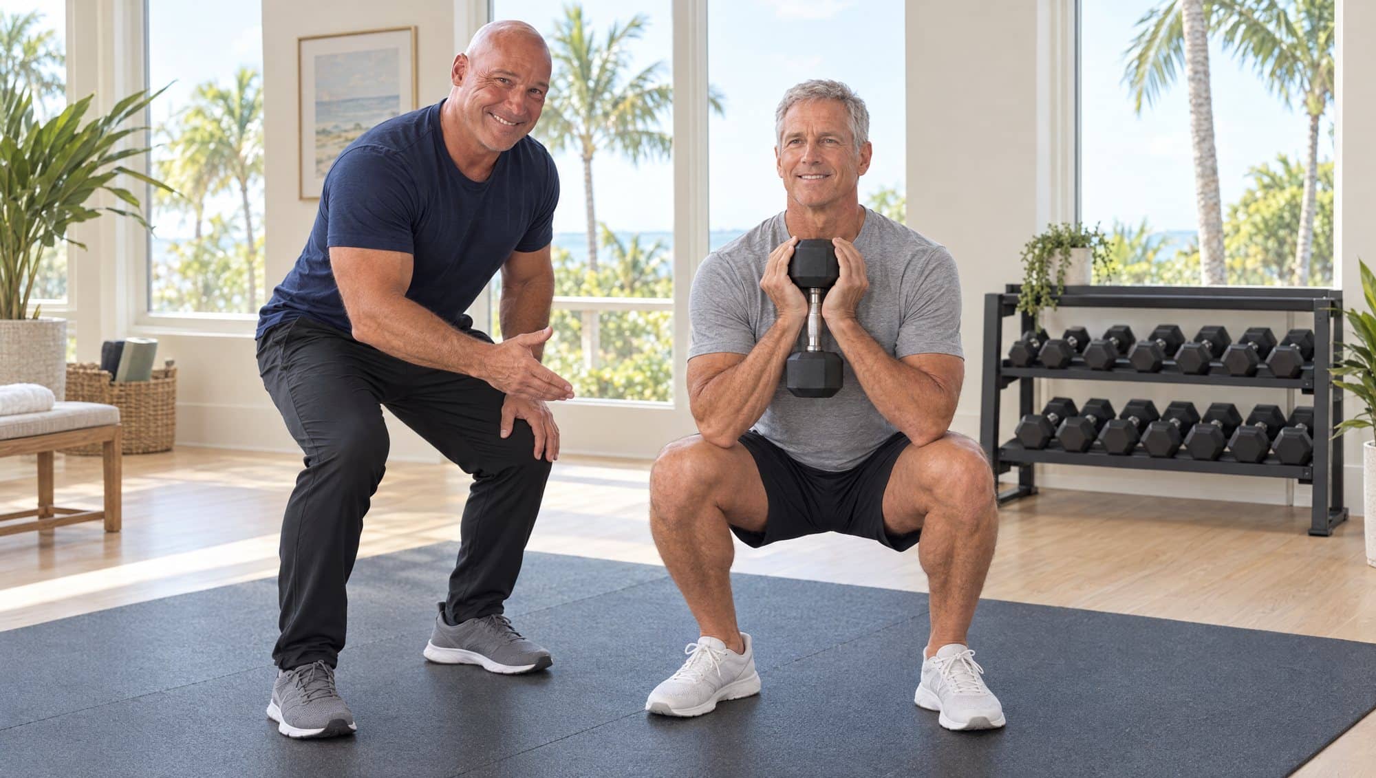 Dr. Robert Losier, in a navy athletic t-shirt, coaches a fit man in his late sixties through a goblet squat with a dumbbell in a bright Naples home gym