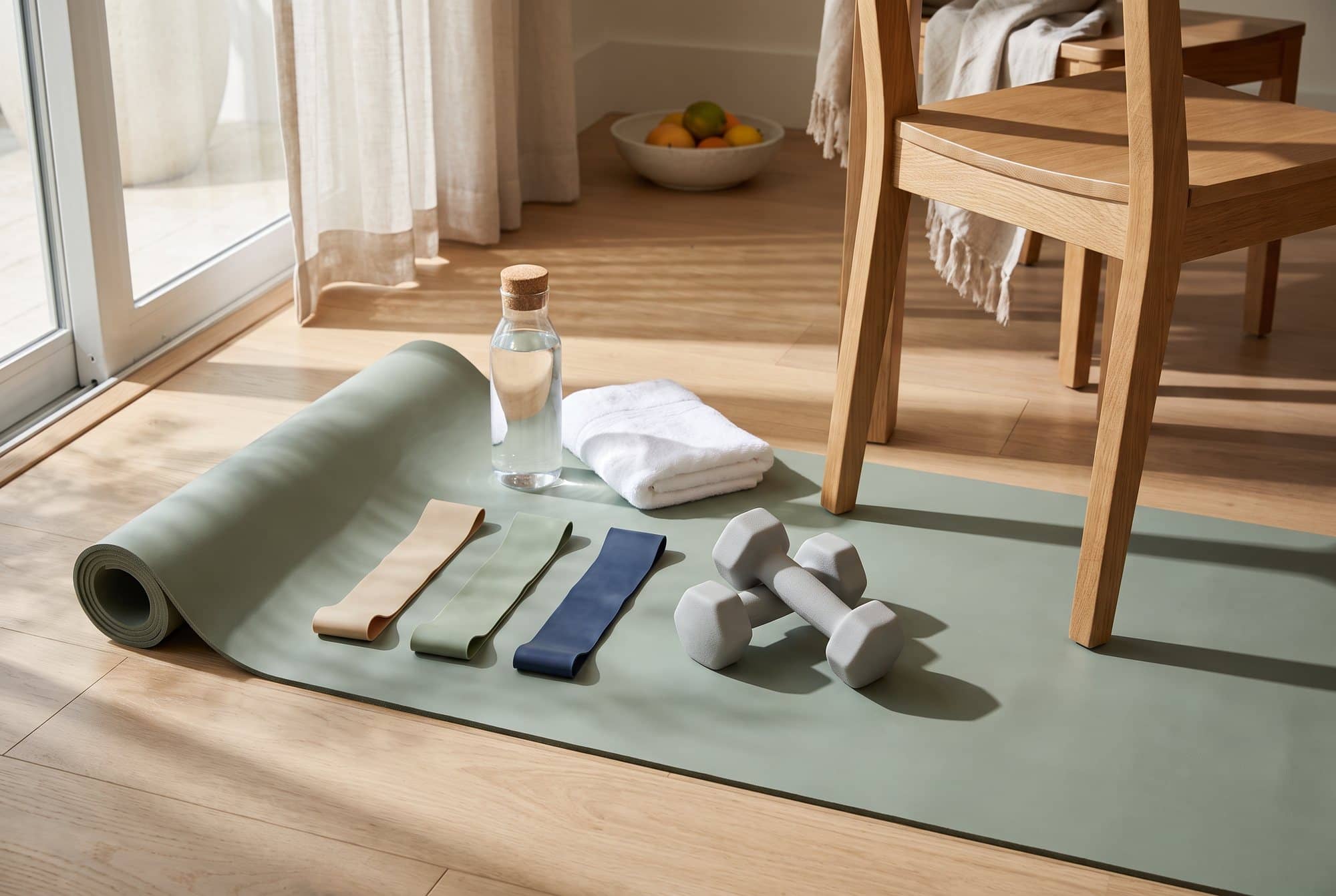 Three resistance bands, a pair of light dumbbells, a towel and a water bottle on a sage exercise mat by a sunny window