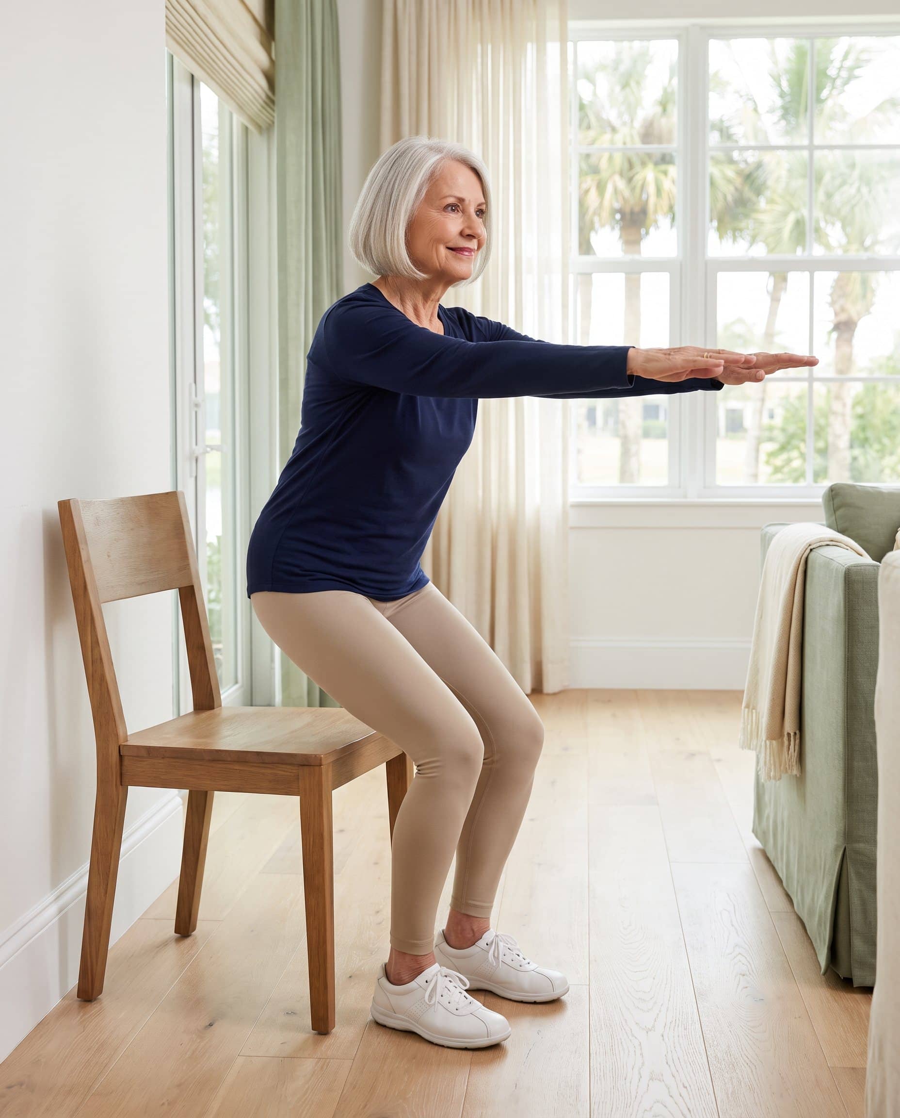 A woman in her seventies rises from a sturdy wooden chair with her arms reaching forward in a bright Naples living room