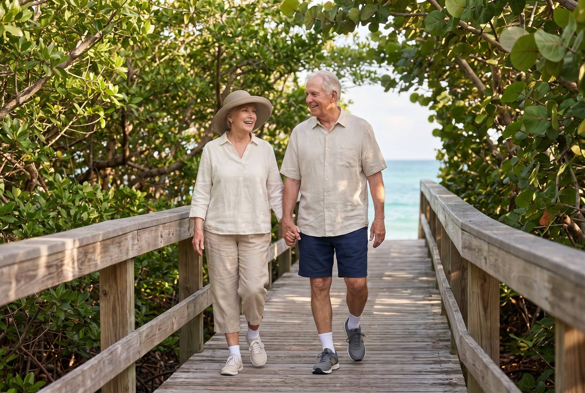 Smiling older couple in sneakers and white socks walking hand in hand along a shaded boardwalk toward the beach in Naples