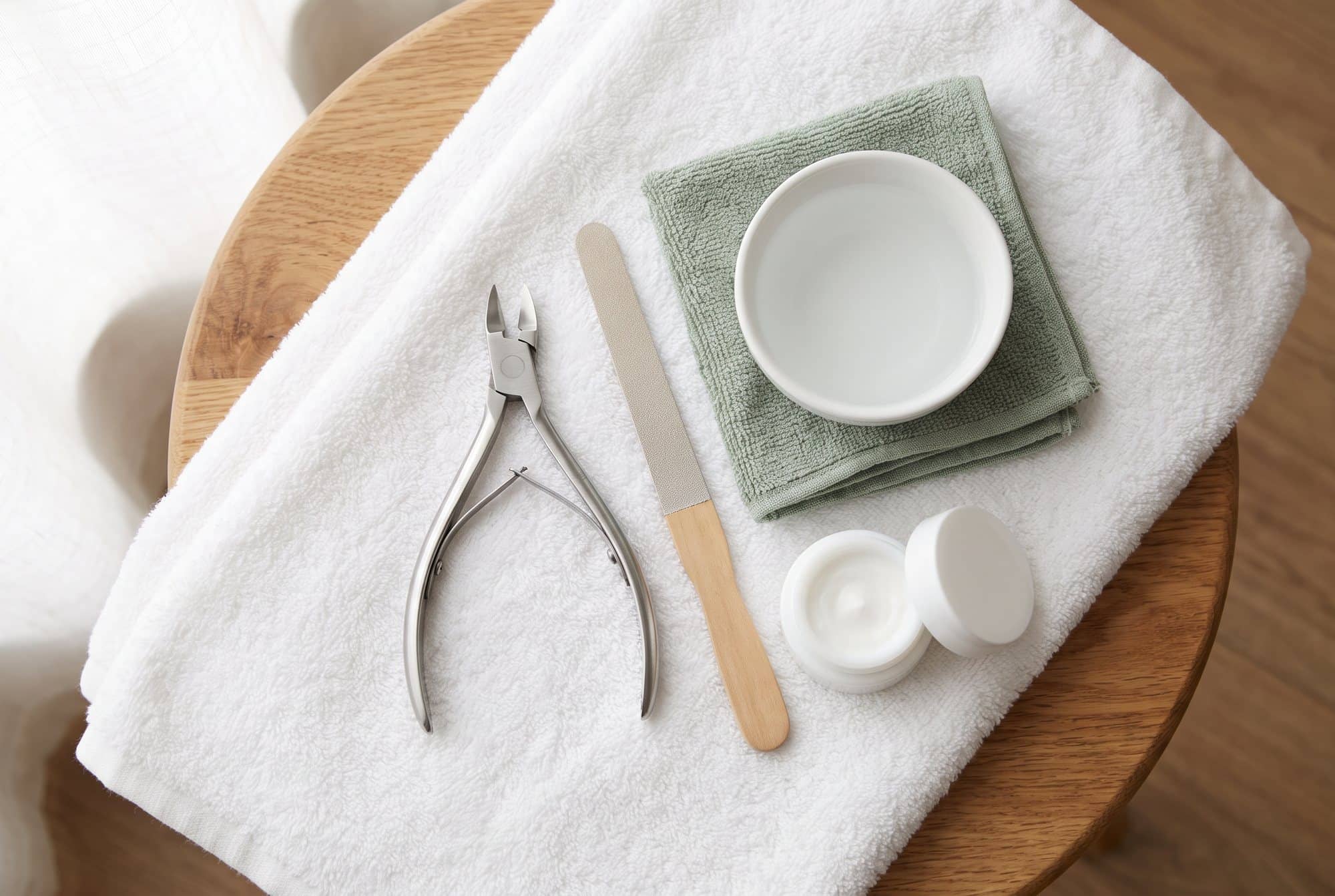 Toenail nippers, a nail file, a small bowl of warm water, a sage washcloth and a jar of moisturizing cream laid out on a white towel