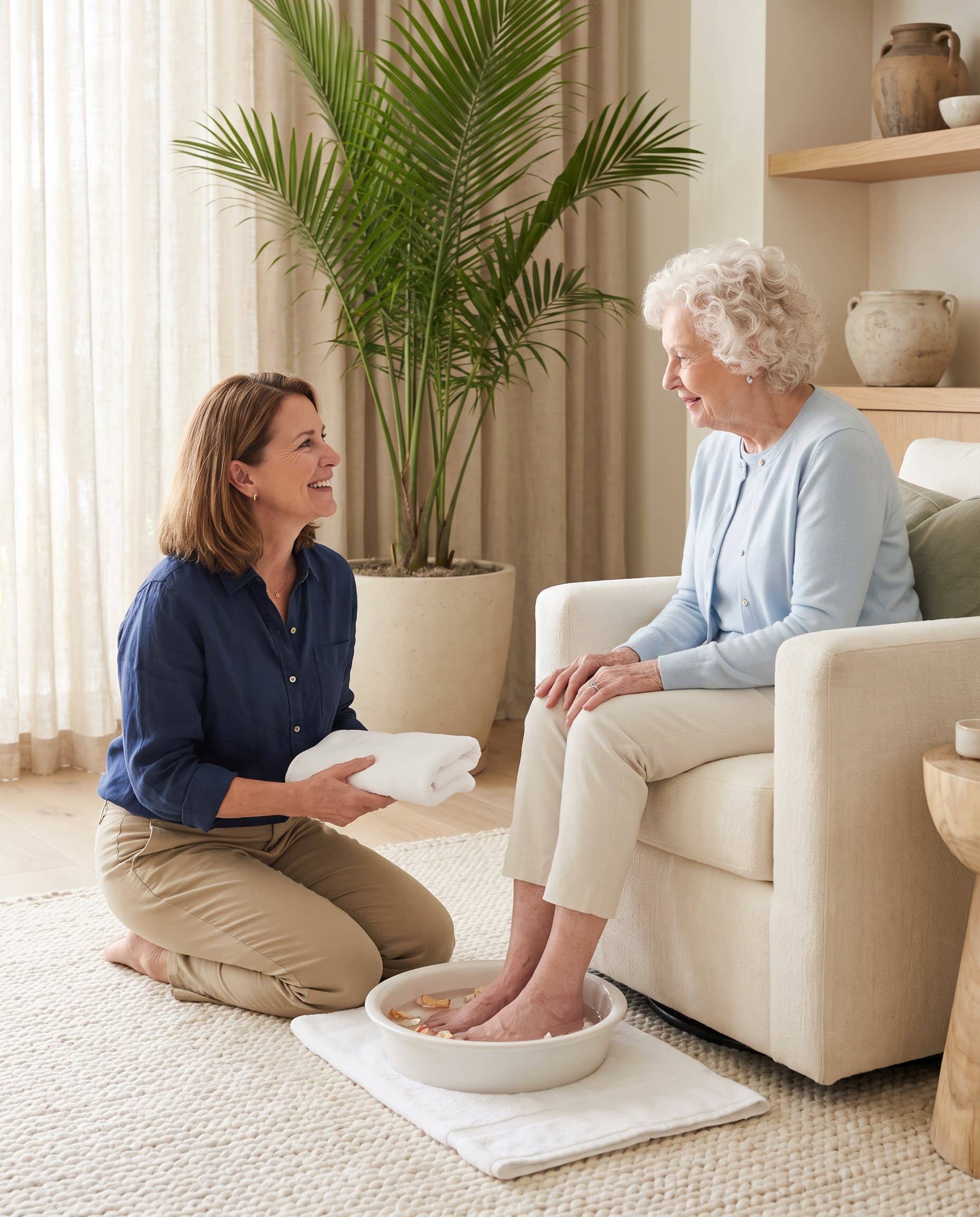 Adult daughter kneeling beside her elderly mother, holding a soft towel while her mother’s feet rest in a basin of warm water