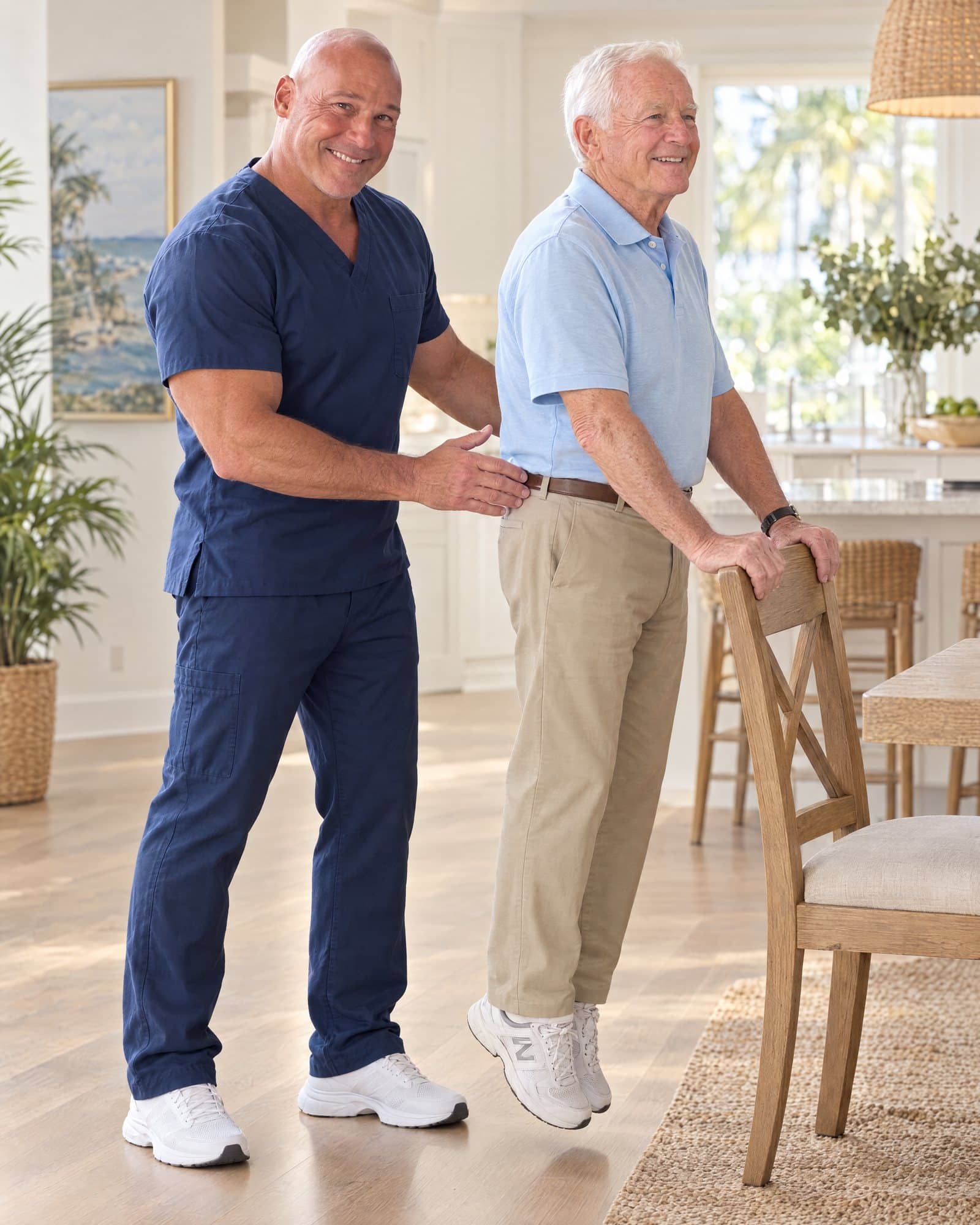 Dr. Losier coaching an older man through heel raises while he holds the back of a chair