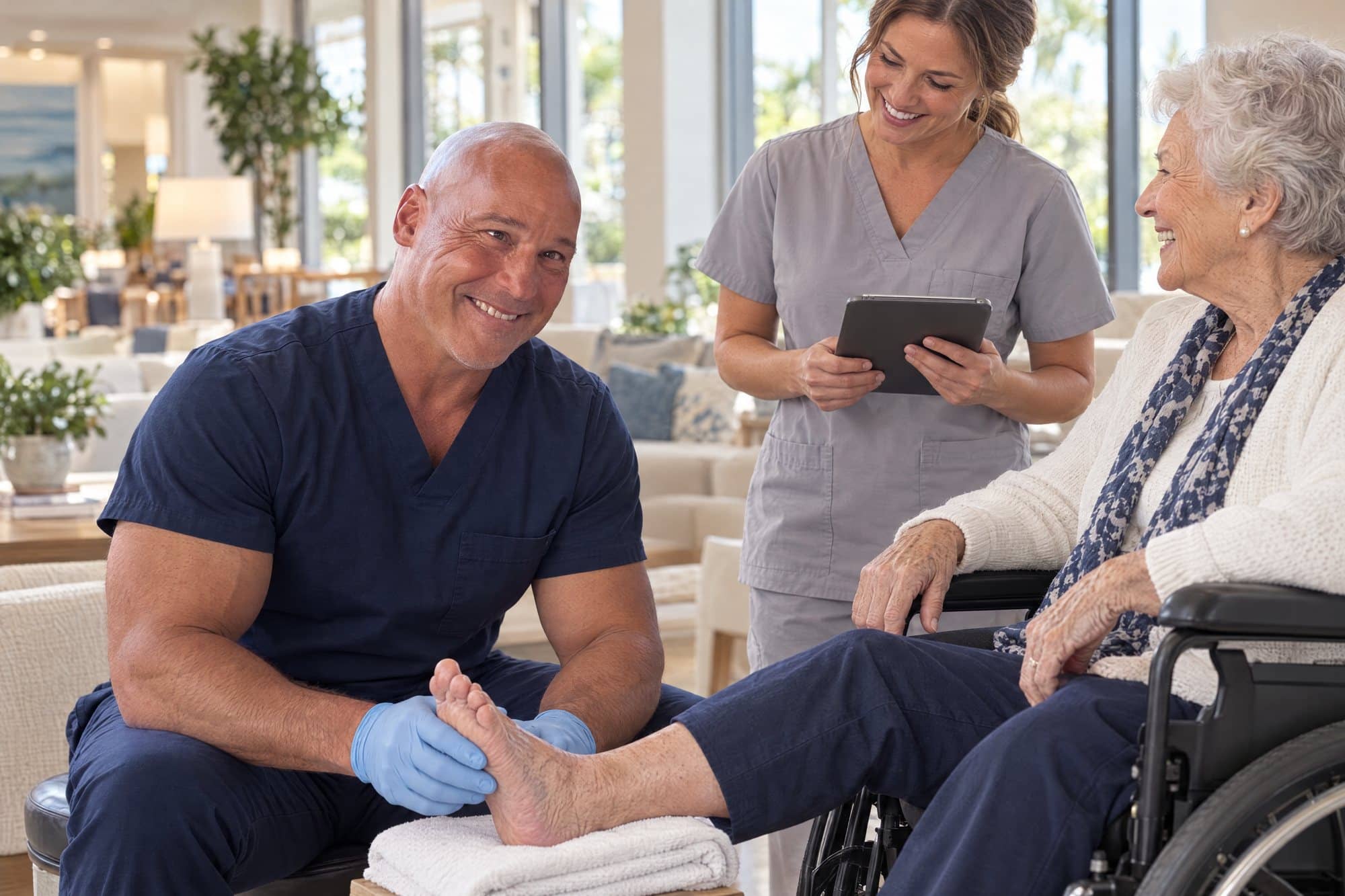 Dr. Losier examining a resident’s foot while a nurse records notes on a tablet