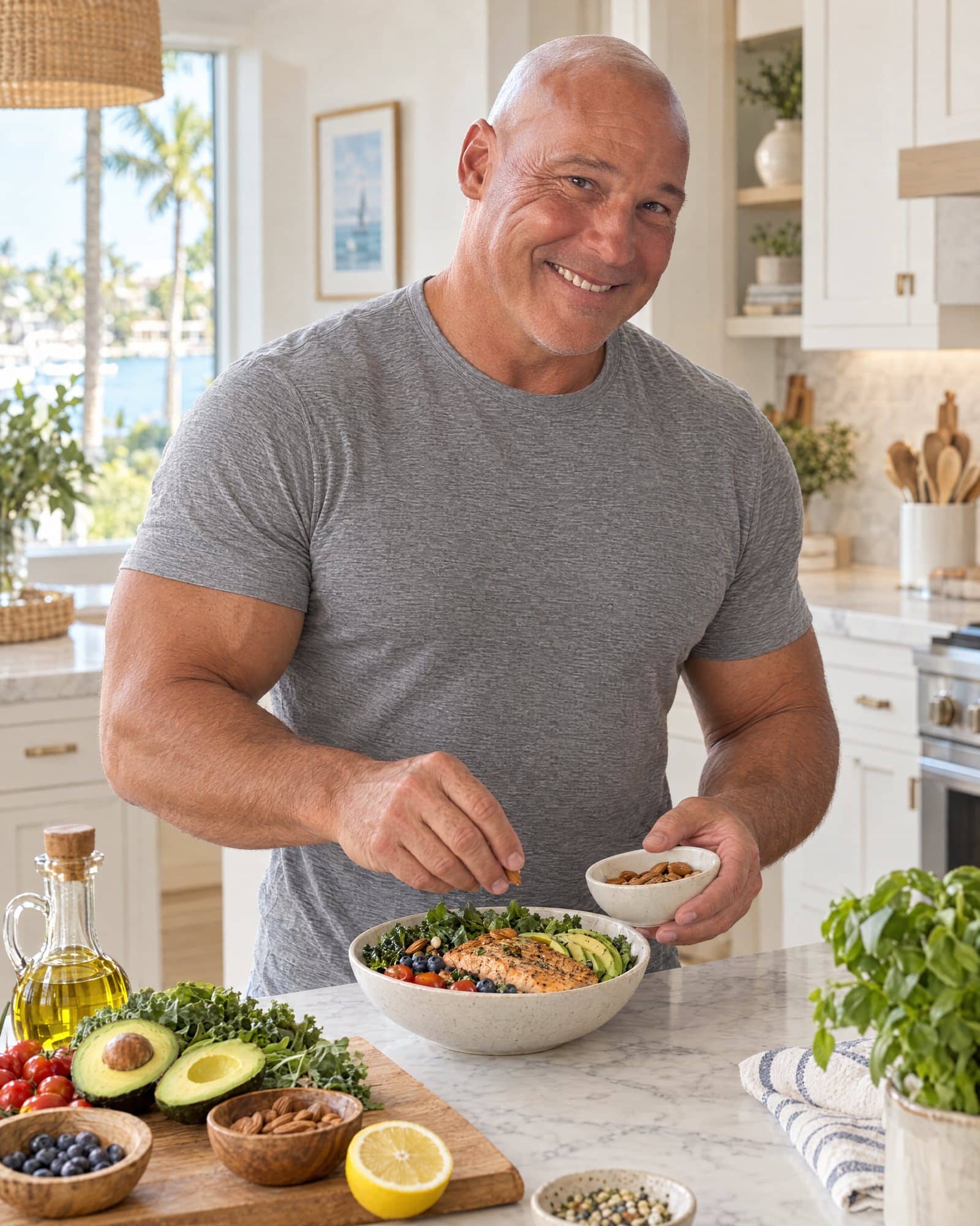 Dr. Losier in a grey tee finishing a bowl of salmon, greens and avocado in a bright Naples kitchen