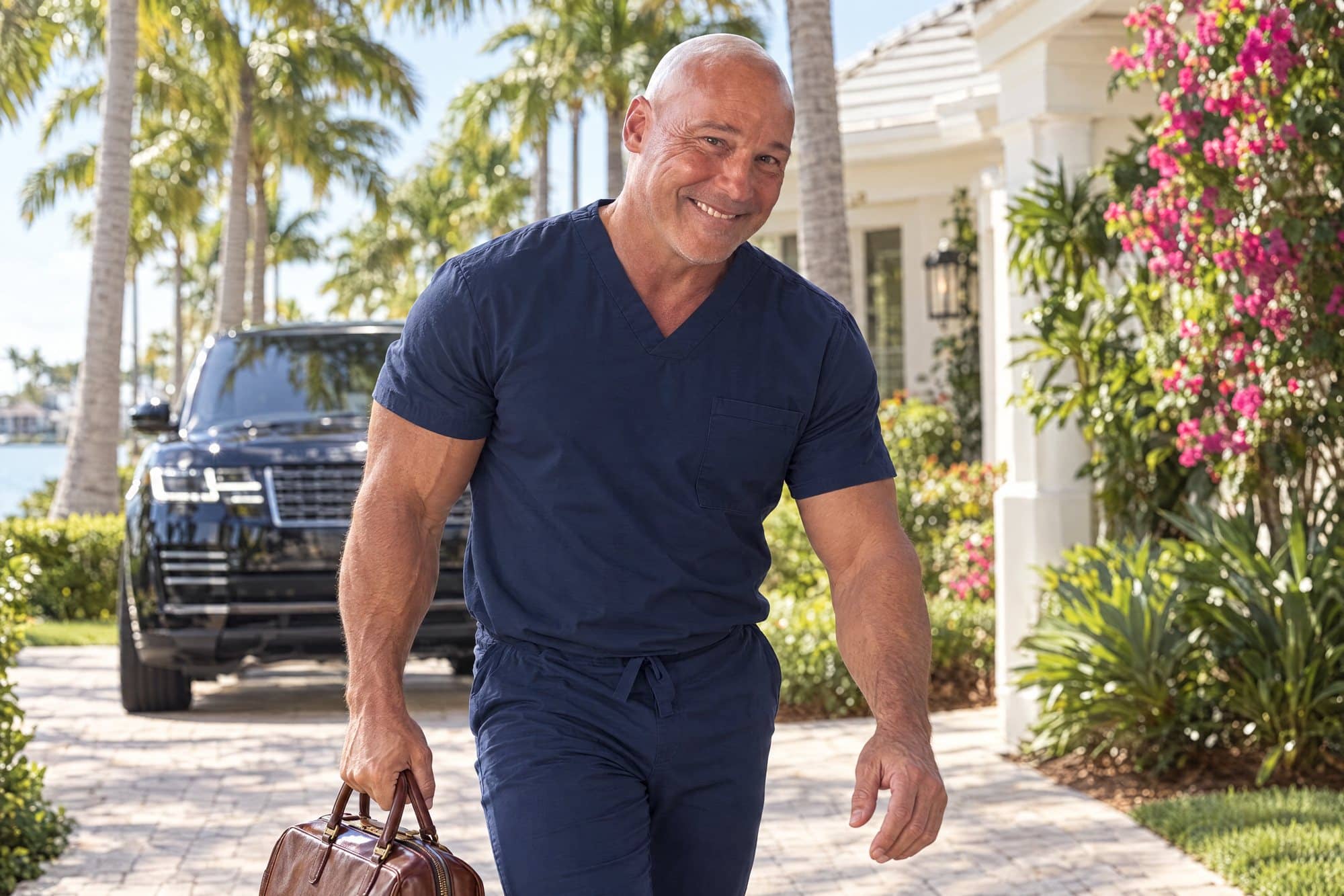 Dr. Robert Losier walking up a palm-lined Naples driveway with his leather doctor’s bag