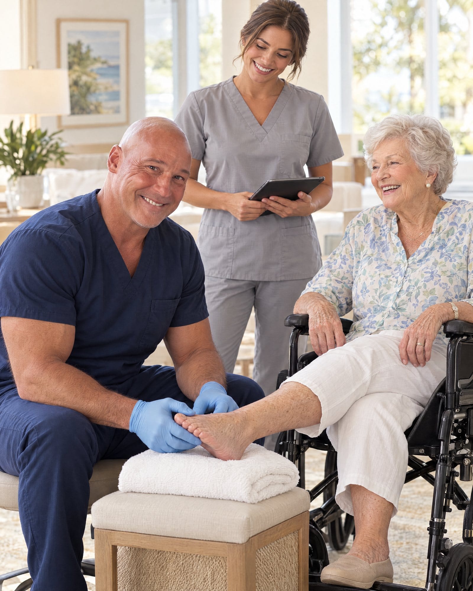 Dr. Losier examining a resident’s foot as she smiles from her wheelchair, with her nurse holding a tablet behind them