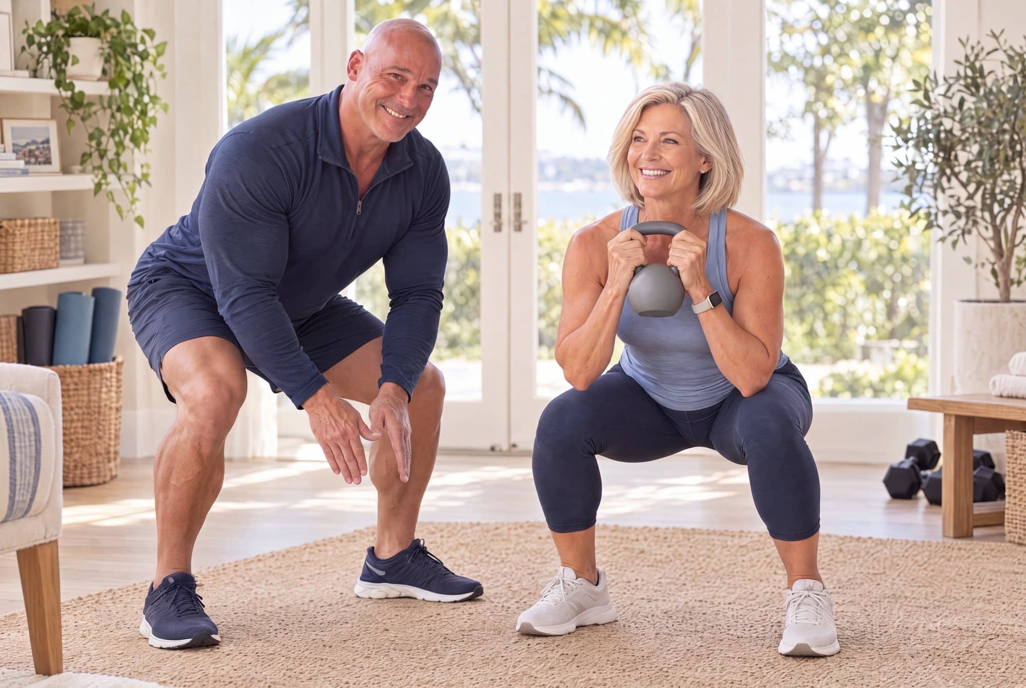 Dr. Losier coaching a woman in her sixties through a kettlebell squat