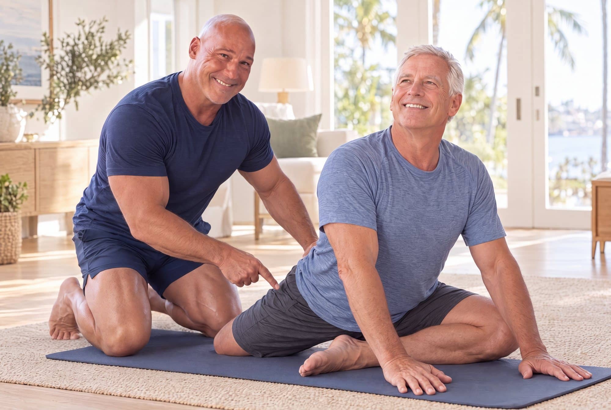 Dr. Losier guiding an older man through a mobility stretch on a mat