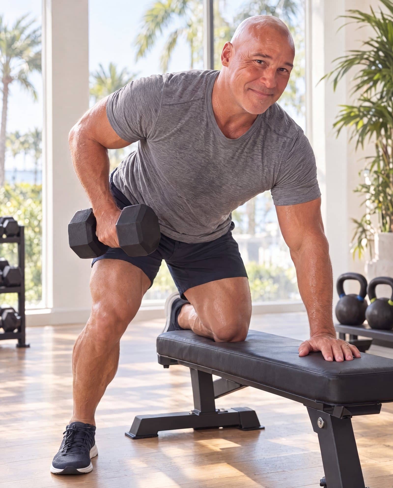 Dr. Losier training with dumbbells in a bright home gym