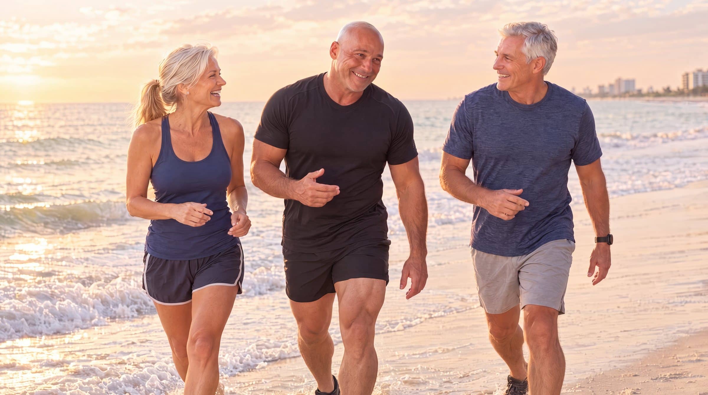 Dr. Losier walking with a couple along a Naples beach at sunrise